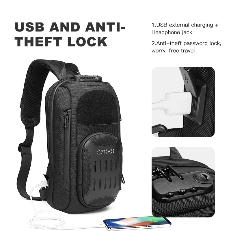 OZUKO Multifunction Men Chest Bag Anti Theft Shoulder Bags Male USB Charging Sling Messenger Bag Travel Waterproof Crossbody Bag