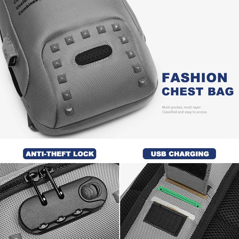 OZUKO Fashion Men Rivet Crossbody Bags Anti-theft Messenger Bag USB Charging Chest Pack Short Trip Water Repellent Shoulder Bag