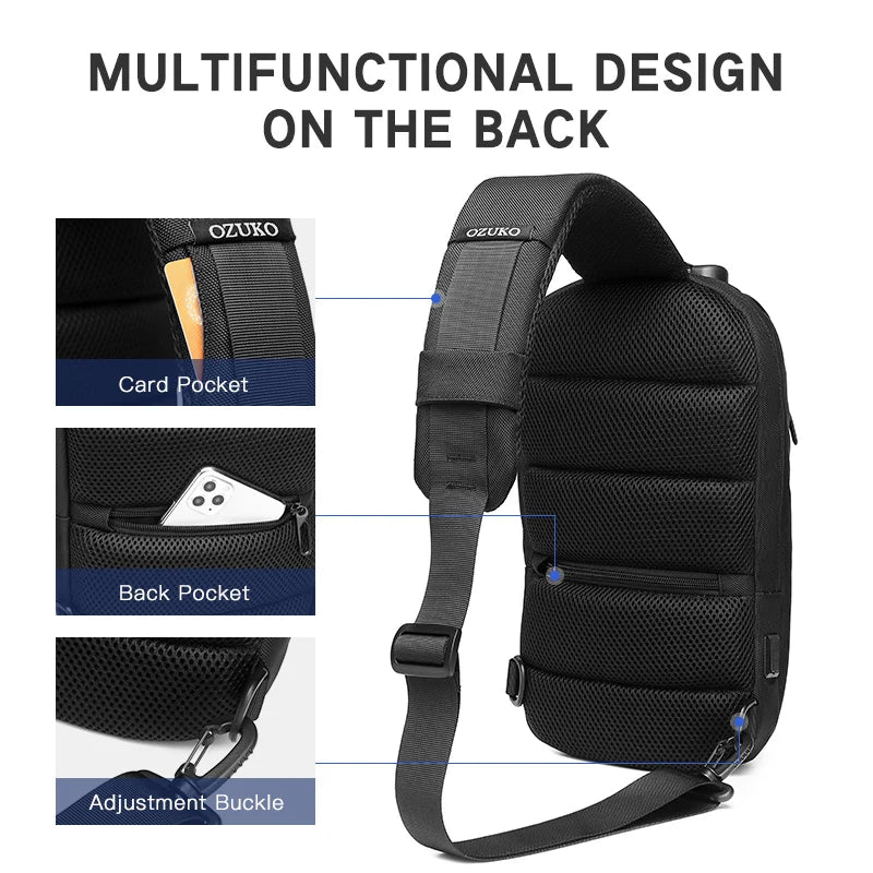 OZUKO Multifunction Men Chest Bag Anti Theft Shoulder Bags Male USB Charging Sling Messenger Bag Travel Waterproof Crossbody Bag