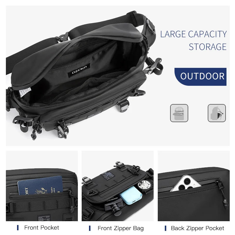 OZUKO Men Waterproof Waist Bag Fashion Outdoor Sports Chest Bags Tactical Fanny Pack for Male Teenager Crossbody Sling Bag New