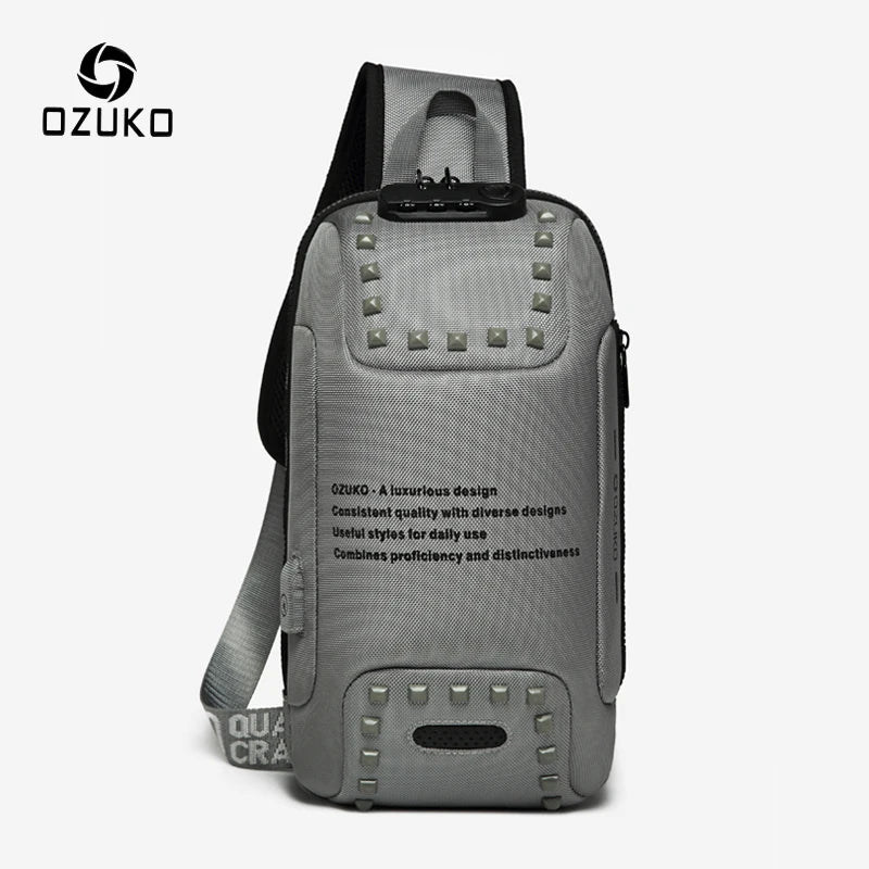 OZUKO Fashion Men Rivet Crossbody Bags Anti-theft Messenger Bag USB Charging Chest Pack Short Trip Water Repellent Shoulder Bag