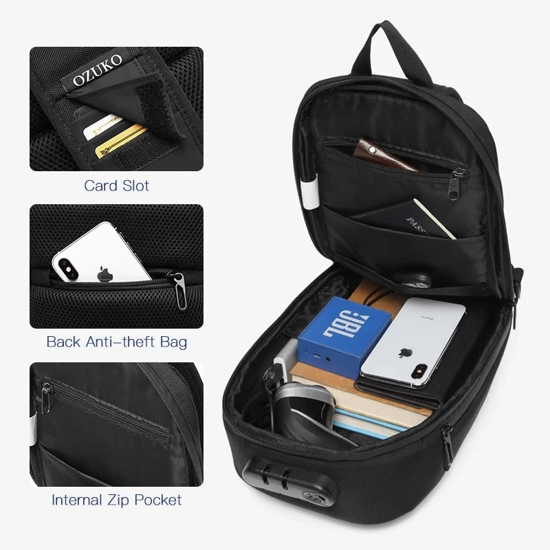 OZUKO Men Anti-theft Crossbody Bags Male Waterproof USB Charging Chest Pack Short Trip Messenger Sling Bag Shoulder Chest Bag