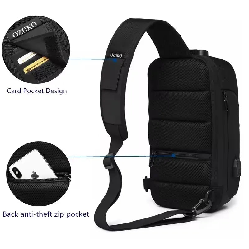 OZUKO Waterproof Unisex Anti-theft Strap Backpack For Travel Minimalist Chest Bag For Men Business Commute USB Port Shoulder Bag