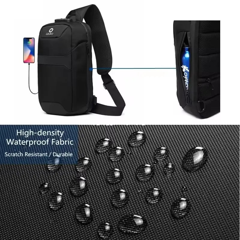 OZUKO Waterproof Unisex Anti-theft Strap Backpack For Travel Minimalist Chest Bag For Men Business Commute USB Port Shoulder Bag